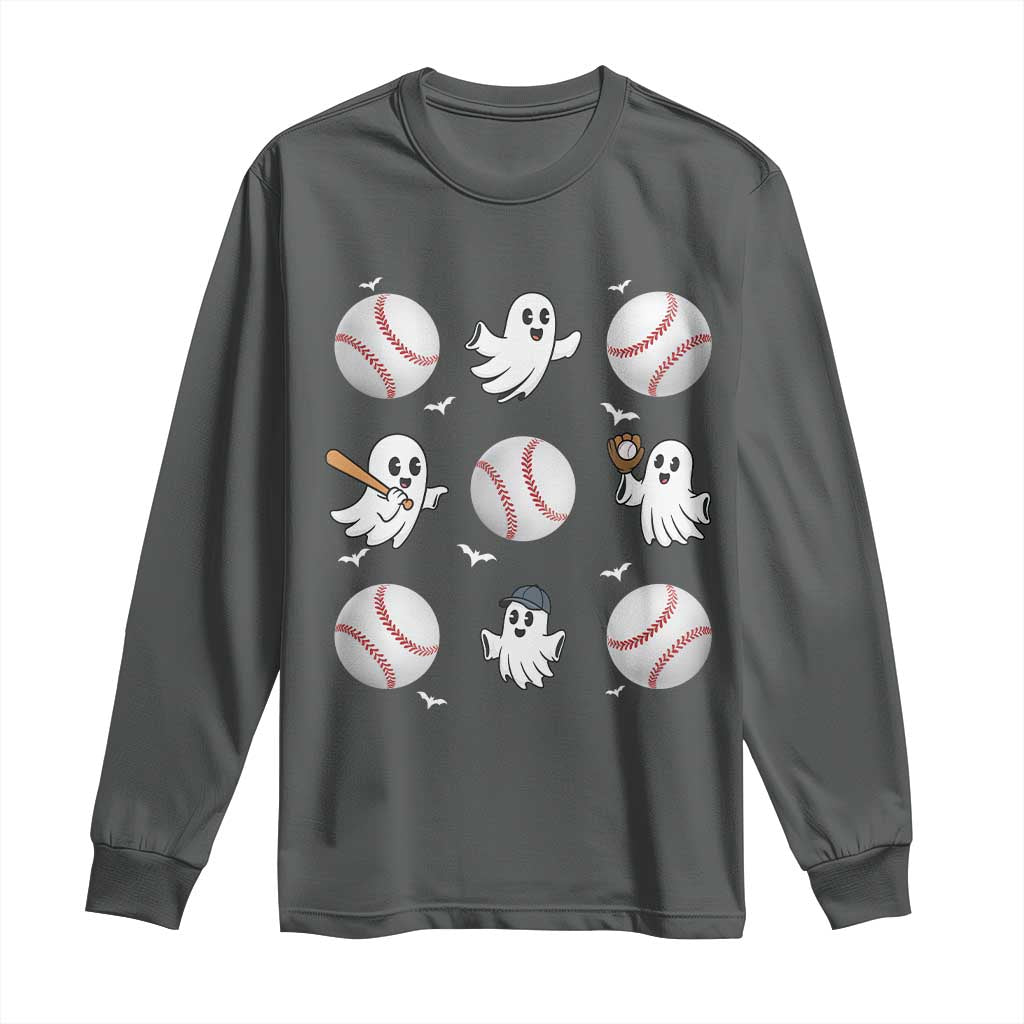 Halloween Baseball Long Sleeve Shirt Cute Ghost Playing Ball Gift TS12 Dark Heather Print Your Wear