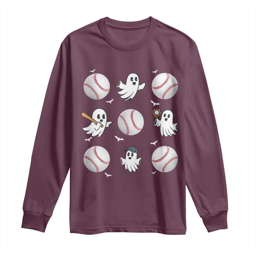 Halloween Baseball Long Sleeve Shirt Cute Ghost Playing Ball Gift TS12 Maroon Print Your Wear