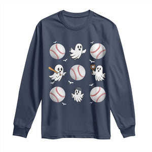Halloween Baseball Long Sleeve Shirt Cute Ghost Playing Ball Gift TS12 Navy Print Your Wear