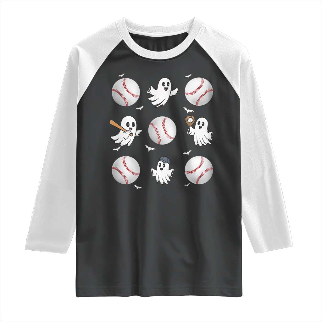 Halloween Baseball Raglan Shirt Cute Ghost Playing Ball Gift TS12 Black White Print Your Wear
