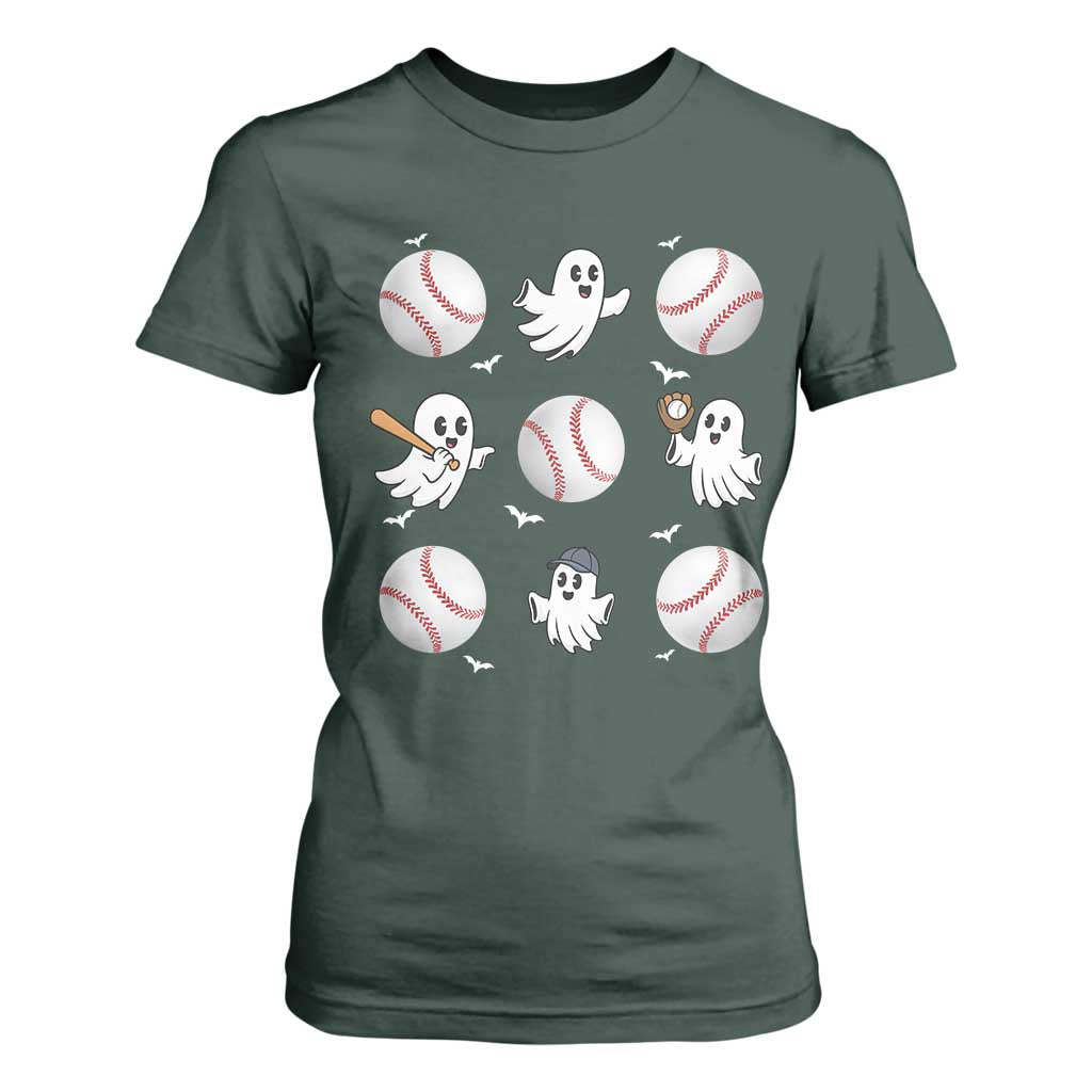 Halloween Baseball T Shirt For Women Cute Ghost Playing Ball Gift TS12 Dark Forest Green Print Your Wear