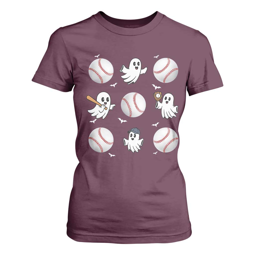 Halloween Baseball T Shirt For Women Cute Ghost Playing Ball Gift TS12 Maroon Print Your Wear