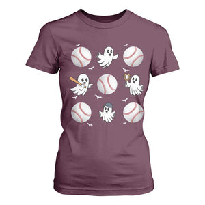 Halloween Baseball T Shirt For Women Cute Ghost Playing Ball Gift TS12 Maroon Print Your Wear