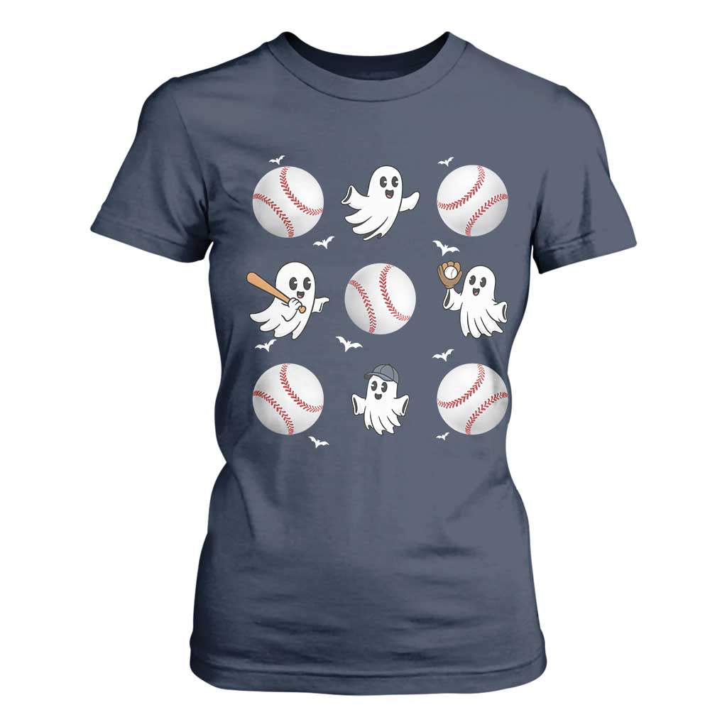 Halloween Baseball T Shirt For Women Cute Ghost Playing Ball Gift TS12 Navy Print Your Wear