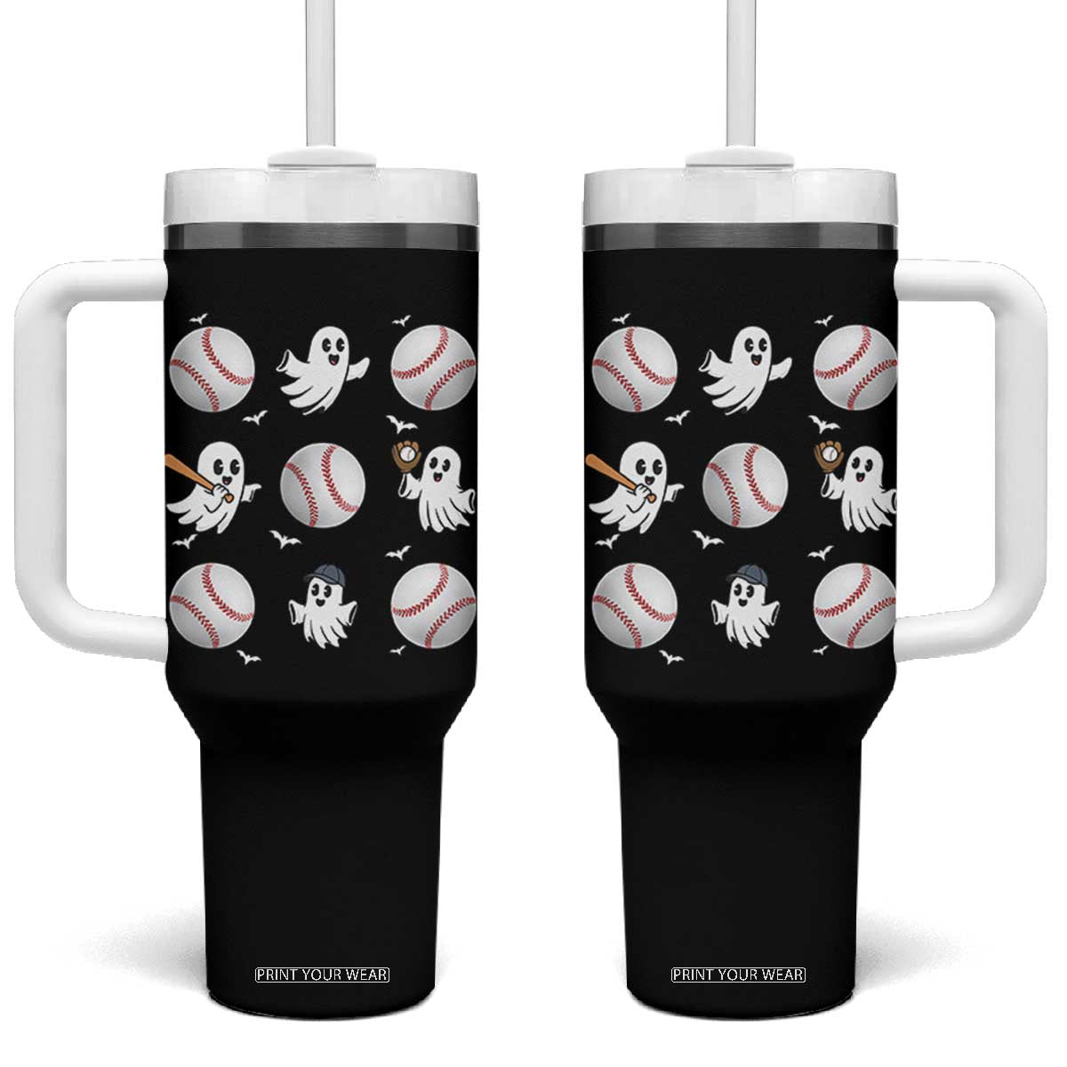 Halloween Baseball Tumbler With Handle Cute Ghost Playing Ball Gift TS12 One Size: 40 oz Black Print Your Wear