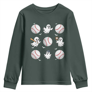 Halloween Baseball Youth Sweatshirt Cute Ghost Playing Ball Gift TS12 Dark Forest Green Print Your Wear