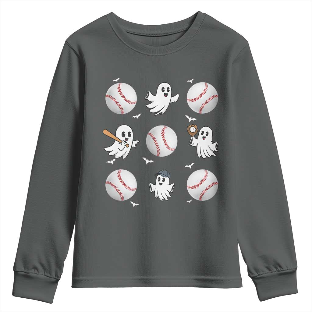 Halloween Baseball Youth Sweatshirt Cute Ghost Playing Ball Gift TS12 Dark Heather Print Your Wear