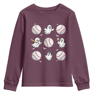 Halloween Baseball Youth Sweatshirt Cute Ghost Playing Ball Gift TS12 Maroon Print Your Wear