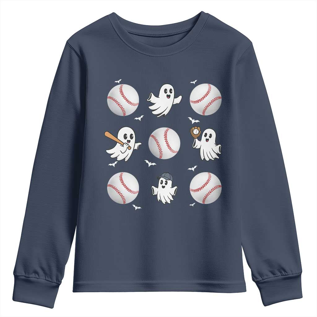 Halloween Baseball Youth Sweatshirt Cute Ghost Playing Ball Gift TS12 Navy Print Your Wear