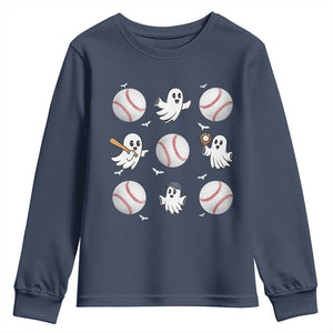 Halloween Baseball Youth Sweatshirt Cute Ghost Playing Ball Gift TS12 Navy Print Your Wear
