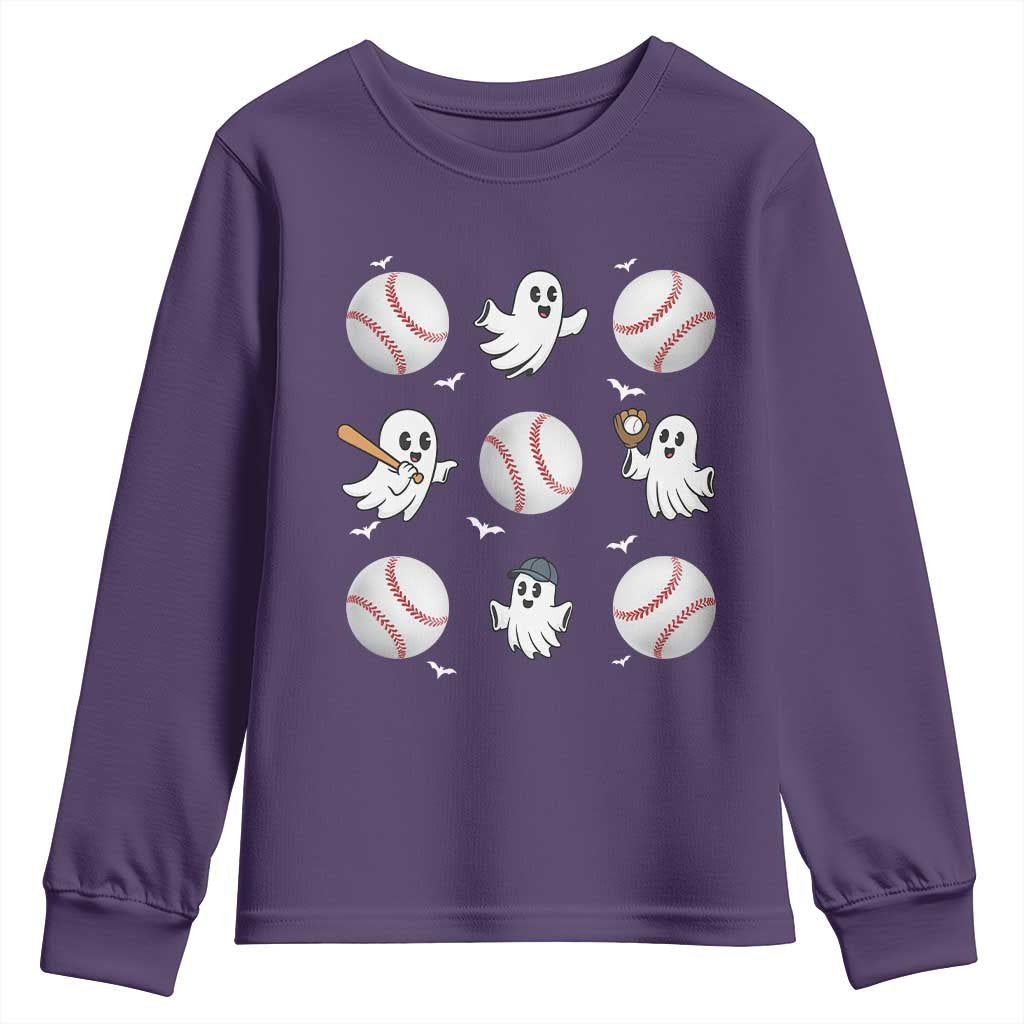 Halloween Baseball Youth Sweatshirt Cute Ghost Playing Ball Gift TS12 Purple Print Your Wear