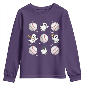 Halloween Baseball Youth Sweatshirt Cute Ghost Playing Ball Gift TS12 Purple Print Your Wear