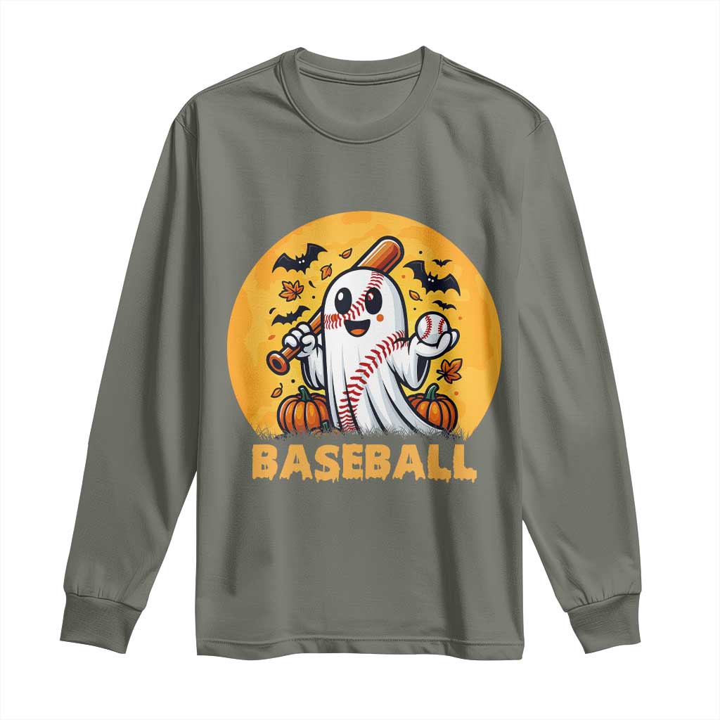 Funny Halloween Baseball Long Sleeve Shirt Cute Boo Playing Ball Gift TS12 Military Green Print Your Wear