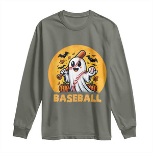 Funny Halloween Baseball Long Sleeve Shirt Cute Boo Playing Ball Gift TS12 Military Green Print Your Wear