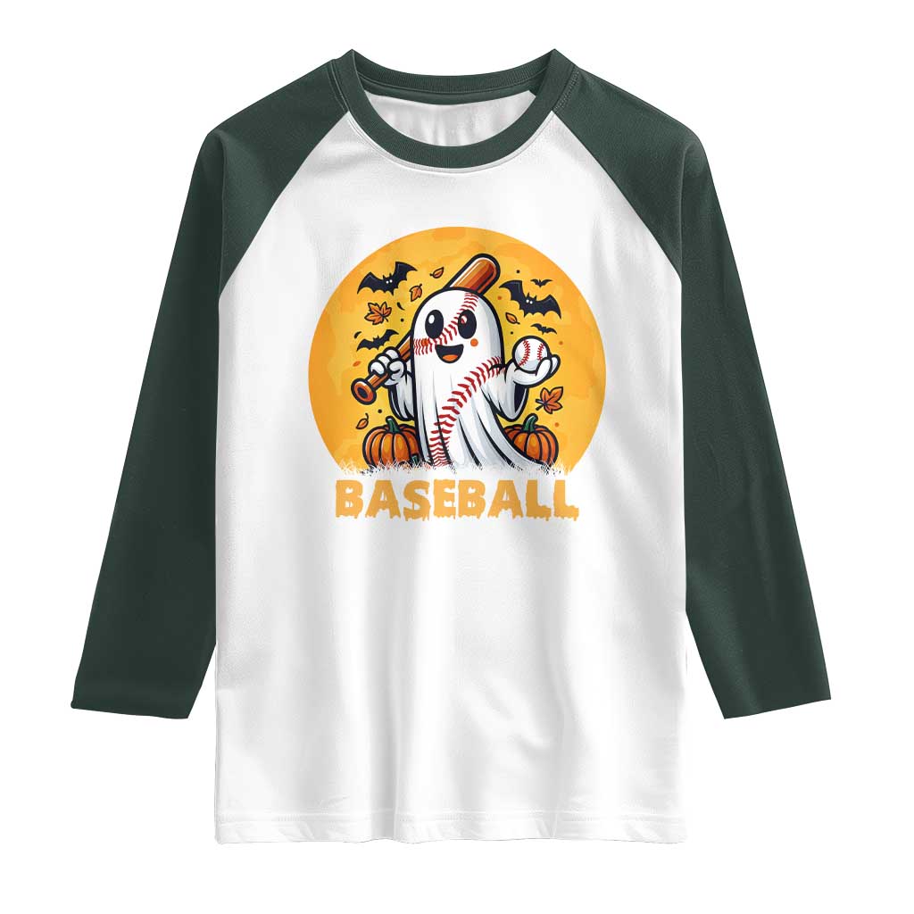 Funny Halloween Baseball Raglan Shirt Cute Boo Playing Ball Gift TS12 White Dark Forest Green Print Your Wear