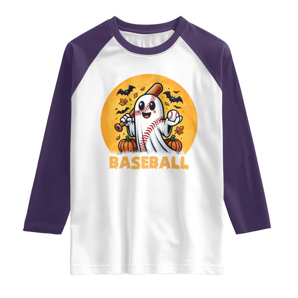 Funny Halloween Baseball Raglan Shirt Cute Boo Playing Ball Gift TS12 White Purple Print Your Wear
