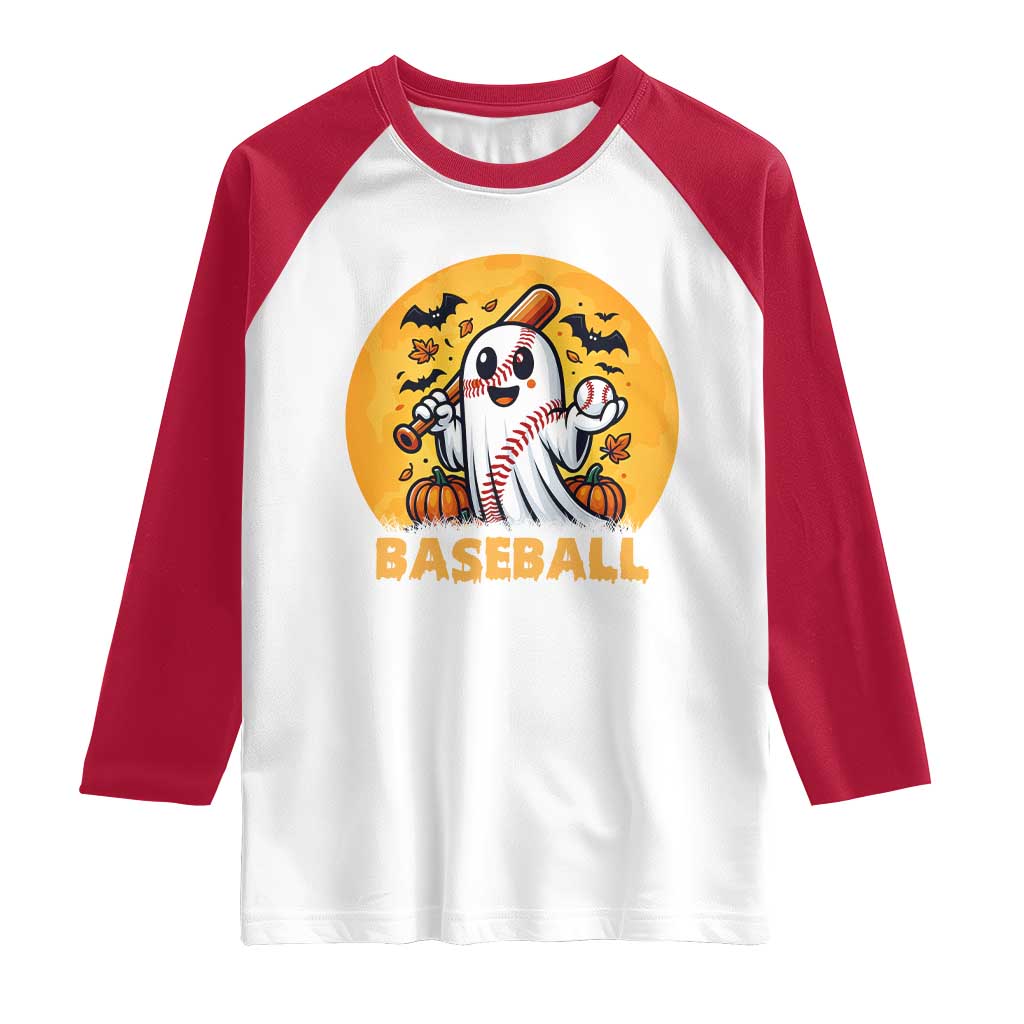 Funny Halloween Baseball Raglan Shirt Cute Boo Playing Ball Gift TS12 White Red Print Your Wear