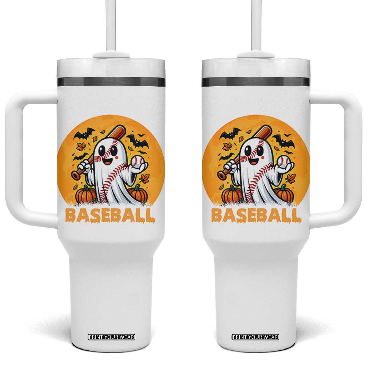Funny Halloween Baseball Tumbler With Handle Cute Boo Playing Ball Gift TS12 One Size: 40 oz White Print Your Wear