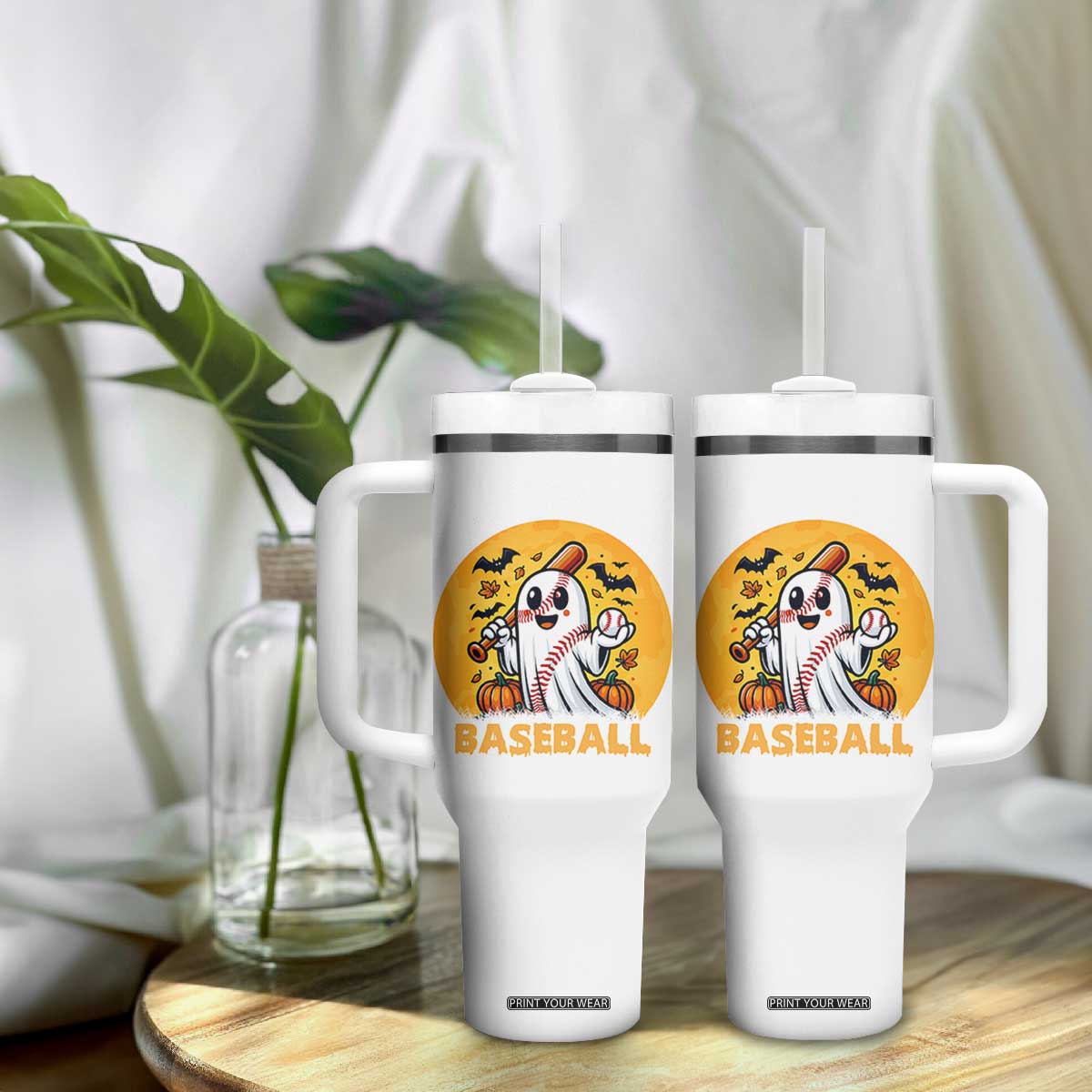 Funny Halloween Baseball Tumbler With Handle Cute Boo Playing Ball Gift TS12 Print Your Wear