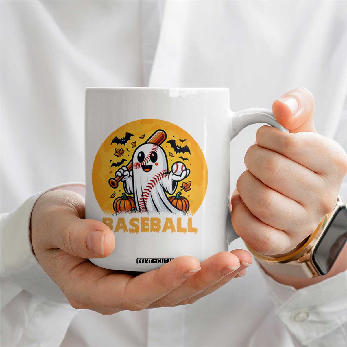 Funny Halloween Baseball Coffee Mug Cute Boo Playing Ball Gift TS12 Print Your Wear