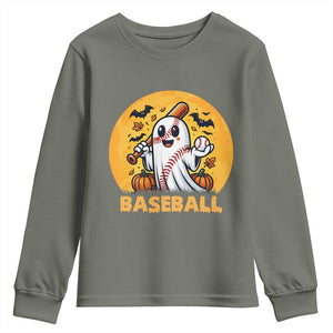 Funny Halloween Baseball Youth Sweatshirt Cute Boo Playing Ball Gift TS12 Military Green Print Your Wear
