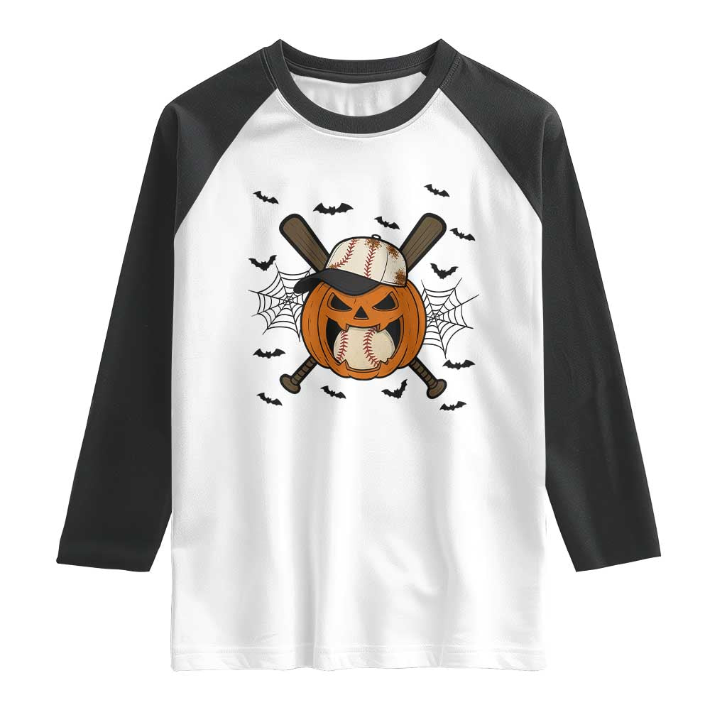 Creepy Jack O Lantern Baseball Raglan Shirt Halloween Gift TS12 White Black Print Your Wear