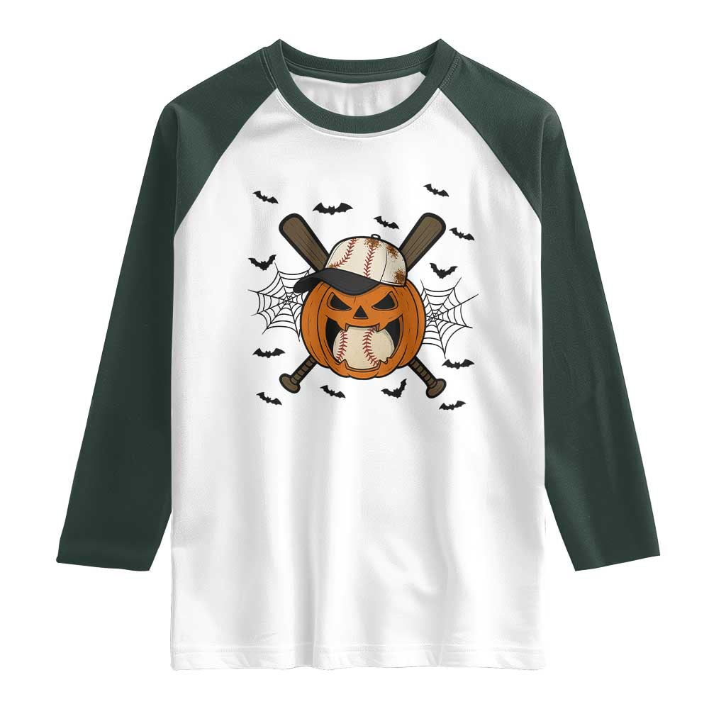 Creepy Jack O Lantern Baseball Raglan Shirt Halloween Gift TS12 White Dark Forest Green Print Your Wear