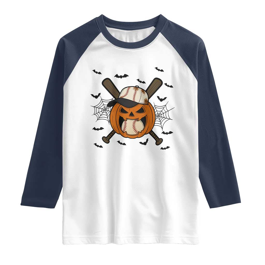 Creepy Jack O Lantern Baseball Raglan Shirt Halloween Gift TS12 White Navy Print Your Wear