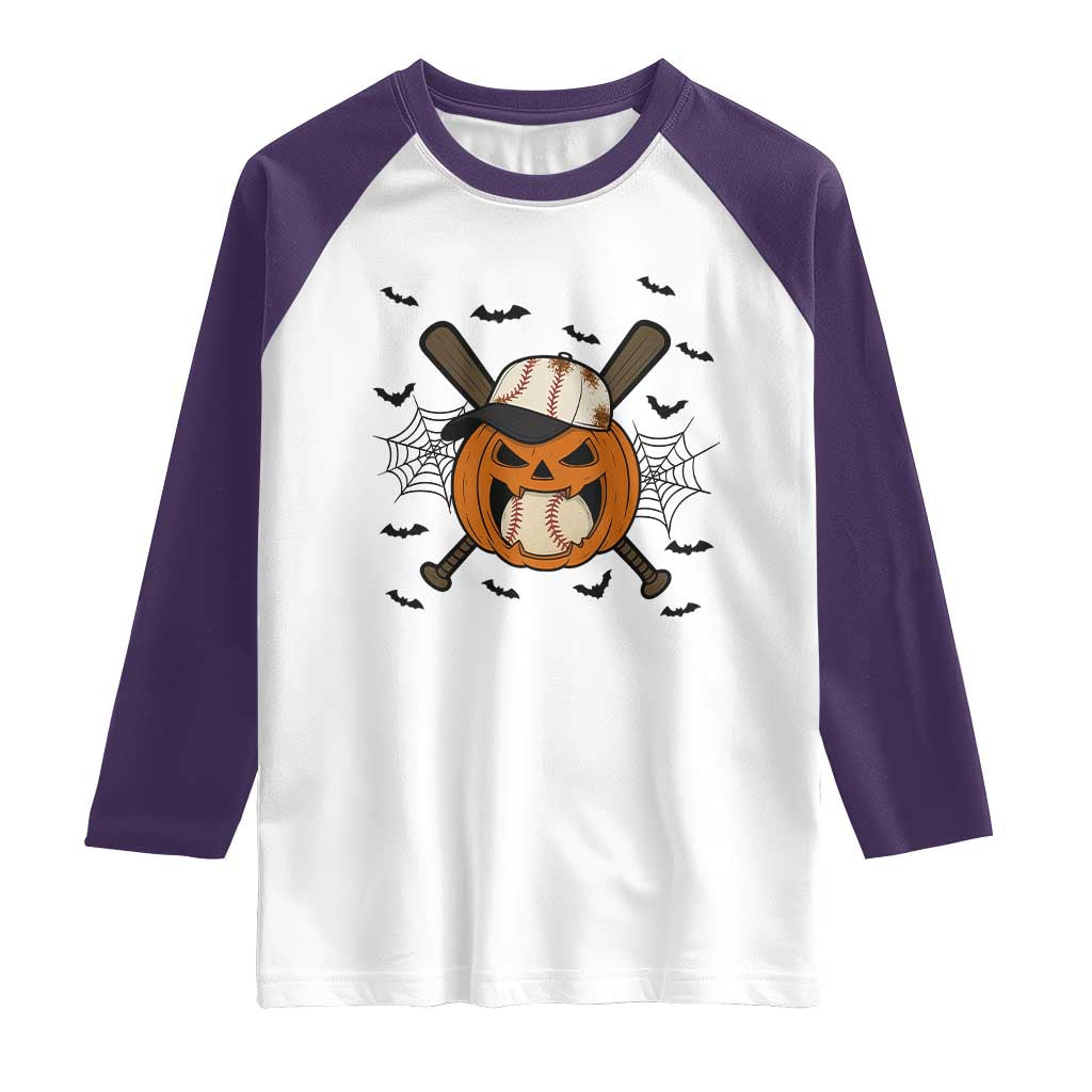 Creepy Jack O Lantern Baseball Raglan Shirt Halloween Gift TS12 White Purple Print Your Wear
