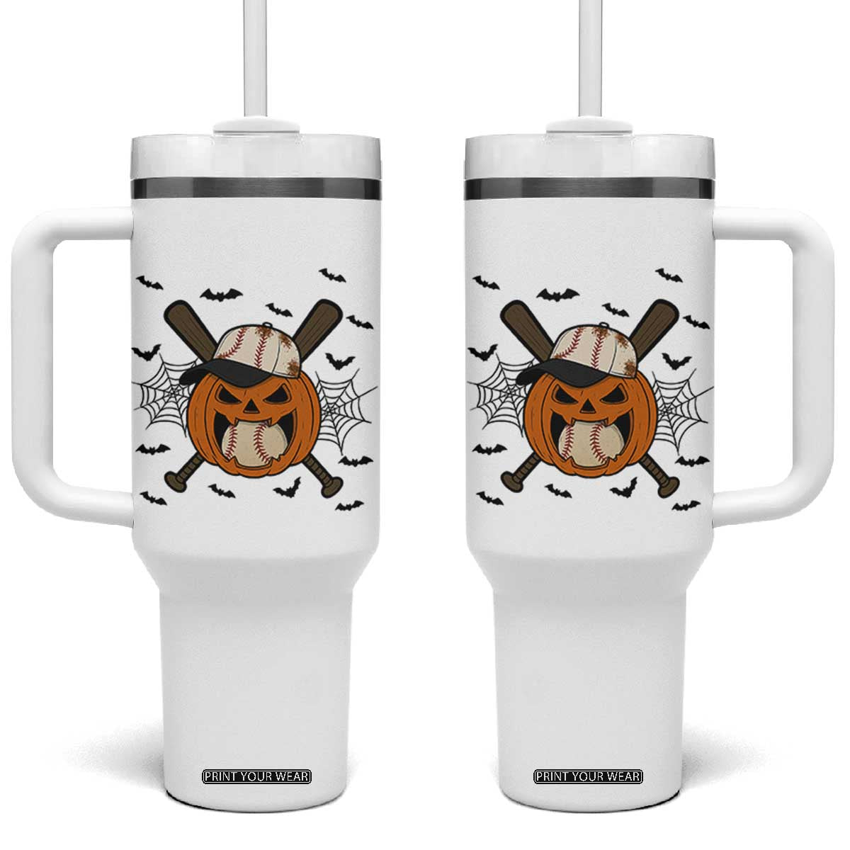 Creepy Jack O Lantern Baseball Tumbler With Handle Halloween Gift TS12 One Size: 40 oz White Print Your Wear