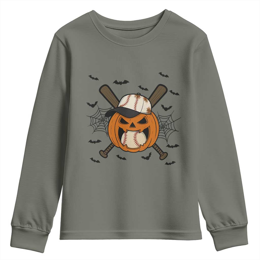 Creepy Jack O Lantern Baseball Youth Sweatshirt Halloween Gift TS12 Military Green Print Your Wear