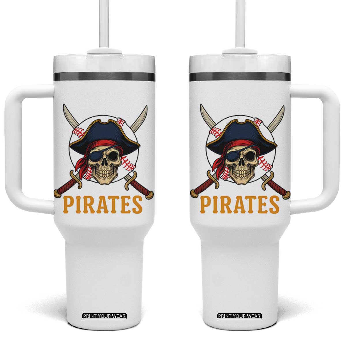 Pirates Baseball Tumbler With Handle Skeleton Sport Lover Gift TS12 One Size: 40 oz White Print Your Wear