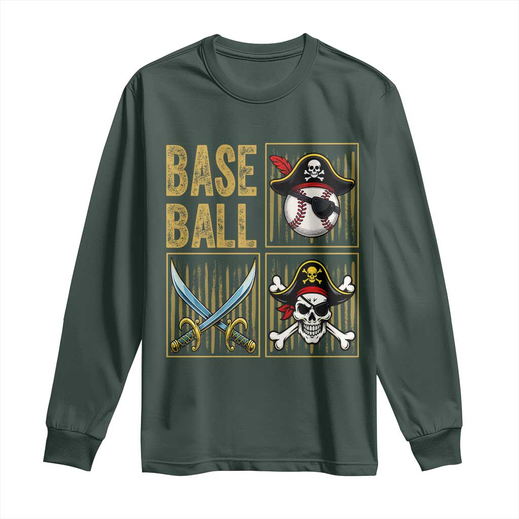 Funny Pirate Skeleton Baseball Long Sleeve Shirt Sports Lover Gifts TS12 Dark Forest Green Print Your Wear