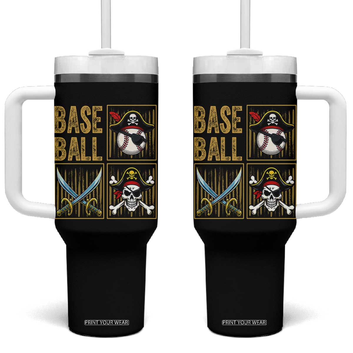 Funny Pirate Skeleton Baseball Tumbler With Handle Sports Lover Gifts TS12 One Size: 40 oz Black Print Your Wear