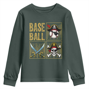 Funny Pirate Skeleton Baseball Youth Sweatshirt Sports Lover Gifts TS12 Dark Forest Green Print Your Wear