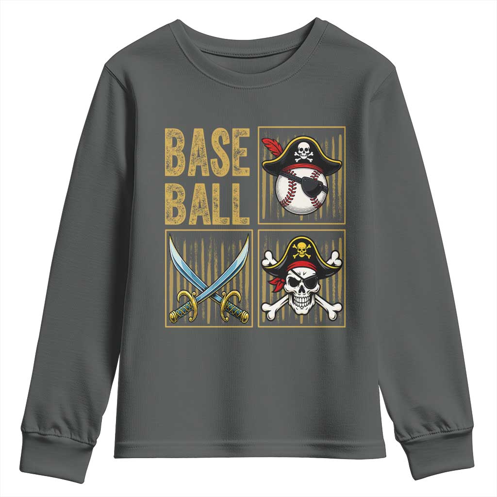 Funny Pirate Skeleton Baseball Youth Sweatshirt Sports Lover Gifts TS12 Dark Heather Print Your Wear