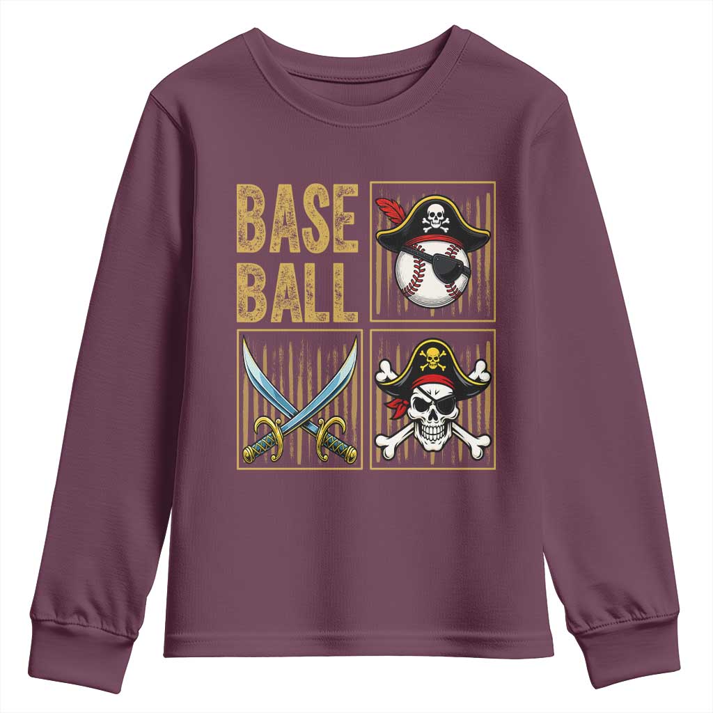 Funny Pirate Skeleton Baseball Youth Sweatshirt Sports Lover Gifts TS12 Maroon Print Your Wear