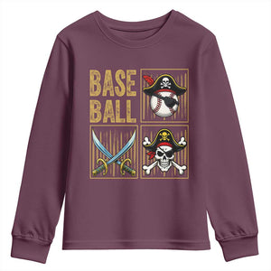 Funny Pirate Skeleton Baseball Youth Sweatshirt Sports Lover Gifts TS12 Maroon Print Your Wear