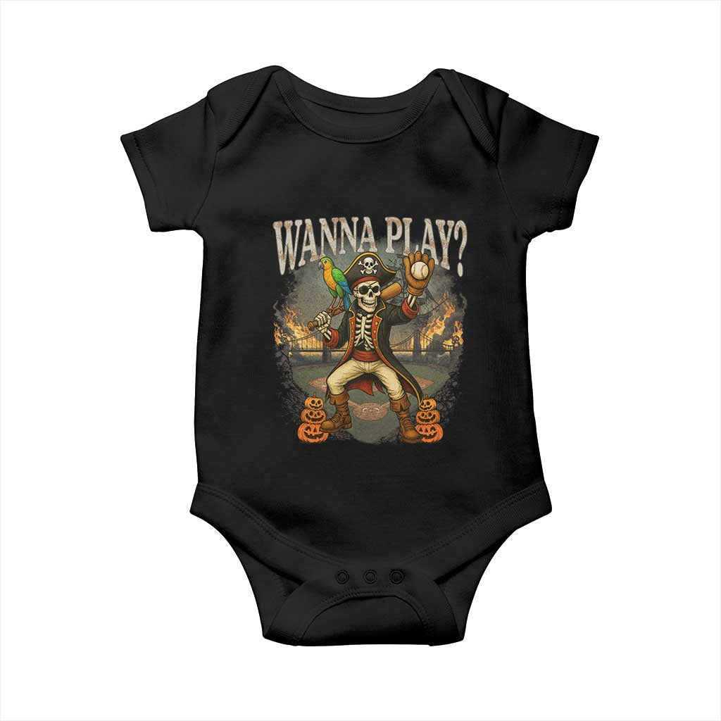 Halloween Baseball Baby Onesie Funny Wanna Play Dabbing Pirate Skeleton Catcher TS12 Black Print Your Wear