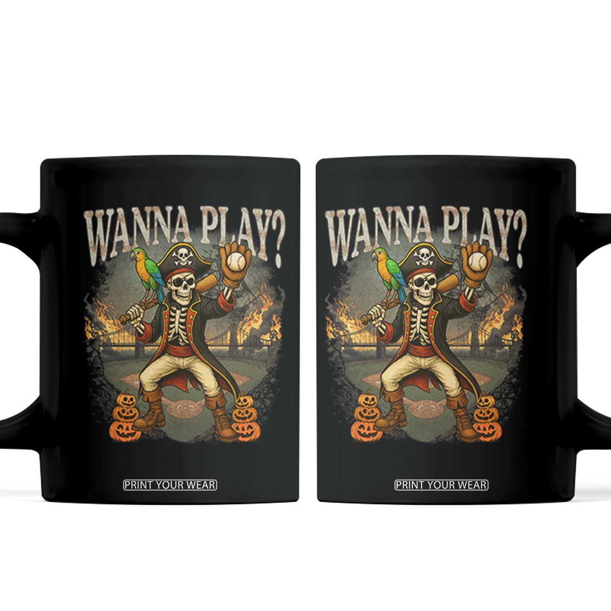 Halloween Baseball Coffee Mug Funny Wanna Play Dabbing Pirate Skeleton Catcher TS12 Black Print Your Wear