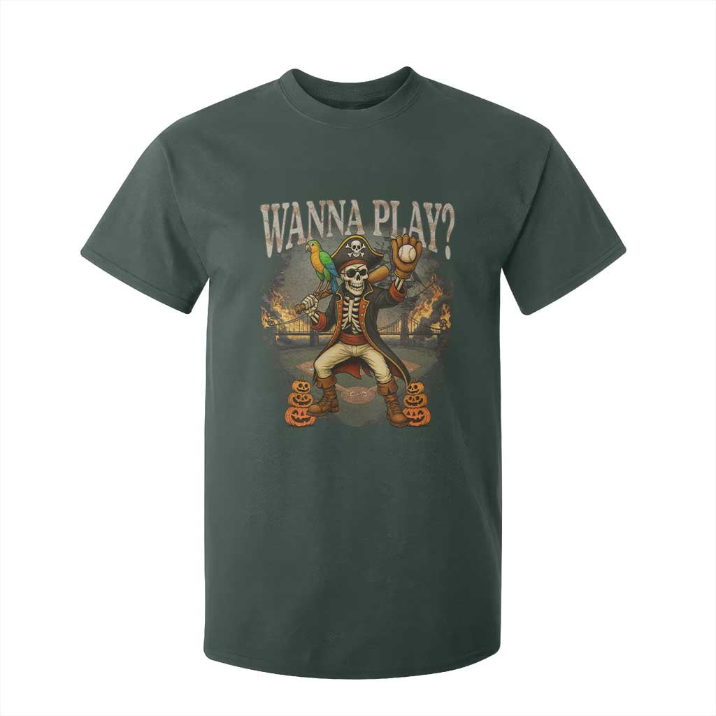 Halloween Baseball T Shirt For Kid Funny Wanna Play Dabbing Pirate Skeleton Catcher TS12 Dark Forest Green Print Your Wear