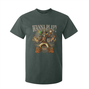Halloween Baseball T Shirt For Kid Funny Wanna Play Dabbing Pirate Skeleton Catcher TS12 Dark Forest Green Print Your Wear