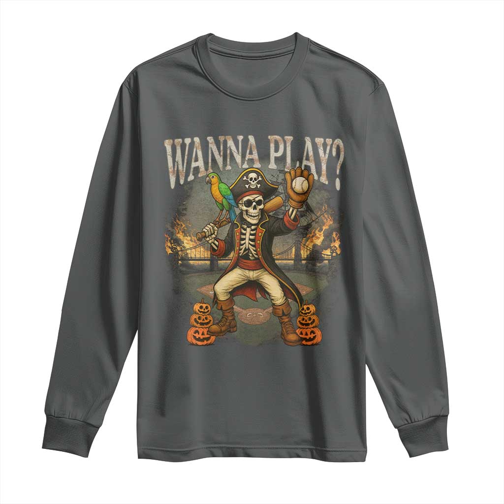 Halloween Baseball Long Sleeve Shirt Funny Wanna Play Dabbing Pirate Skeleton Catcher TS12 Dark Heather Print Your Wear