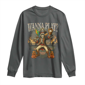 Halloween Baseball Long Sleeve Shirt Funny Wanna Play Dabbing Pirate Skeleton Catcher TS12 Dark Heather Print Your Wear