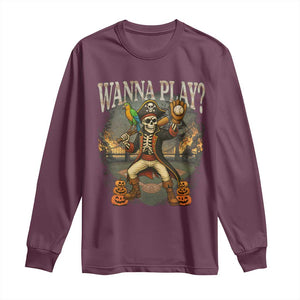 Halloween Baseball Long Sleeve Shirt Funny Wanna Play Dabbing Pirate Skeleton Catcher TS12 Maroon Print Your Wear