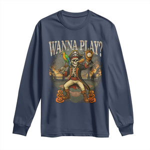 Halloween Baseball Long Sleeve Shirt Funny Wanna Play Dabbing Pirate Skeleton Catcher TS12 Navy Print Your Wear