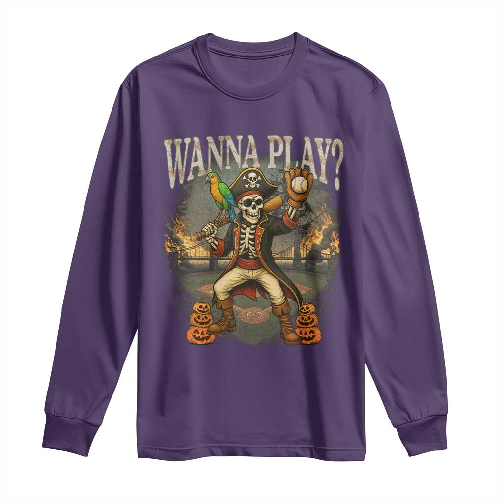 Halloween Baseball Long Sleeve Shirt Funny Wanna Play Dabbing Pirate Skeleton Catcher TS12 Purple Print Your Wear