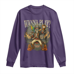 Halloween Baseball Long Sleeve Shirt Funny Wanna Play Dabbing Pirate Skeleton Catcher TS12 Purple Print Your Wear