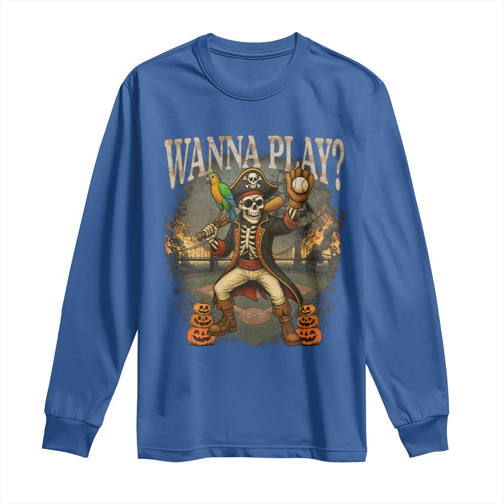 Halloween Baseball Long Sleeve Shirt Funny Wanna Play Dabbing Pirate Skeleton Catcher TS12 Royal Blue Print Your Wear