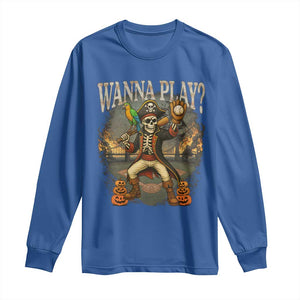 Halloween Baseball Long Sleeve Shirt Funny Wanna Play Dabbing Pirate Skeleton Catcher TS12 Royal Blue Print Your Wear